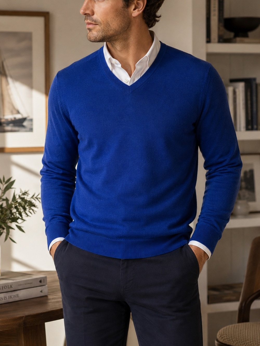 Banana Republic Men’s M Tall 100% Merino Wool V Neck Sweater Cobalt Blue